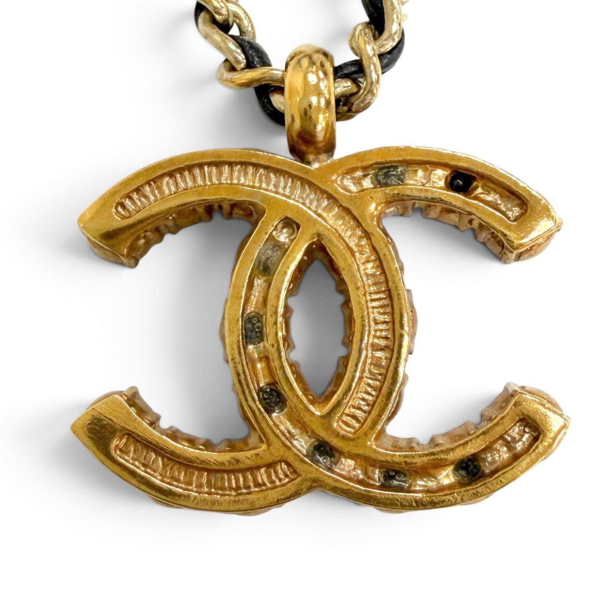 Chanel CC Logo Rhinestone Pearl Leather Chain Necklace Gold Black — view 4