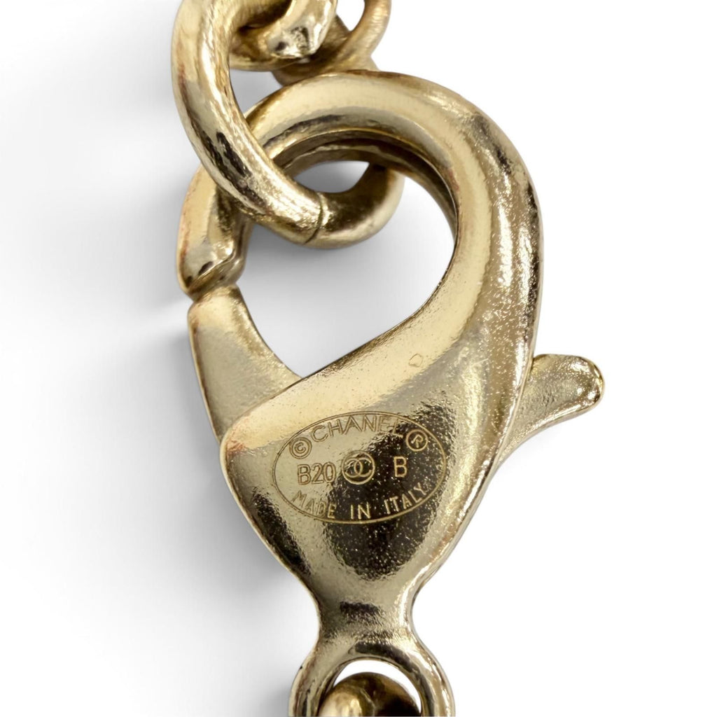 Chanel CC Logo Rhinestone Pearl Leather Chain Necklace Gold Black — view 7