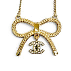 Chanel CC Logo Rhinestone Ribbon Necklace Gold