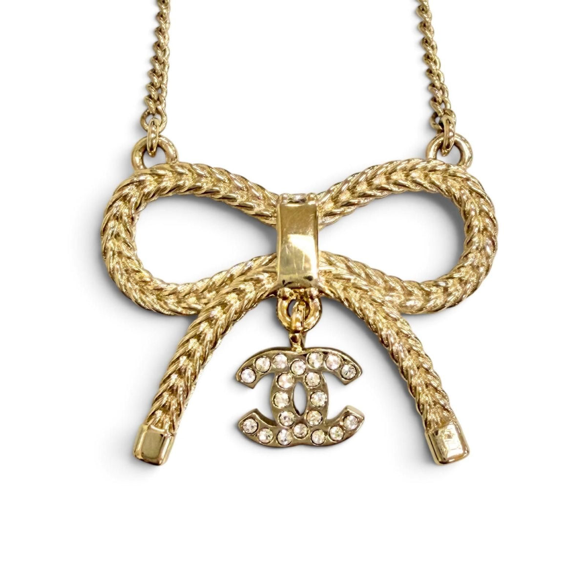 Chanel CC Logo Rhinestone Ribbon Necklace Gold — view 6