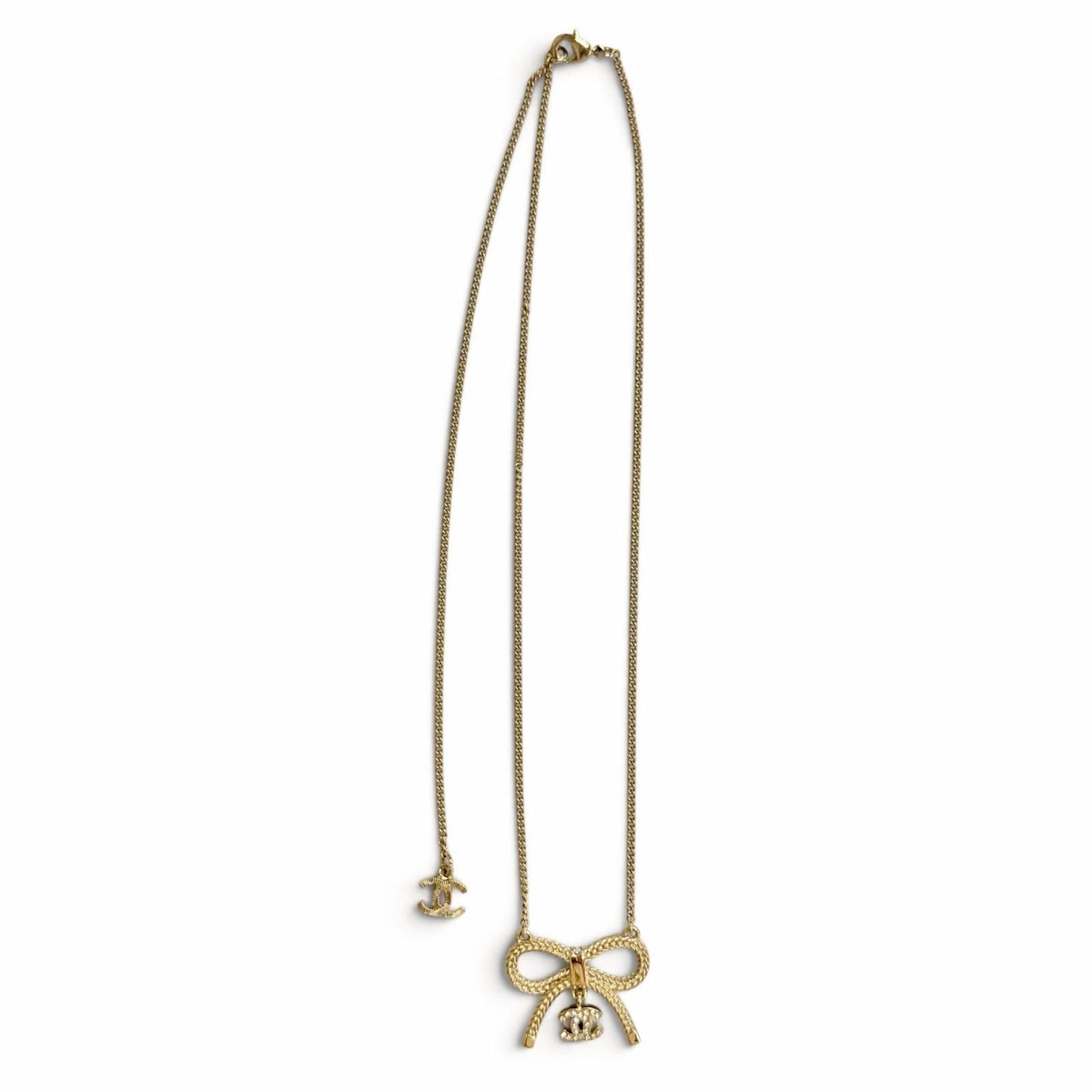 Chanel CC Logo Rhinestone Ribbon Necklace Gold — view 5