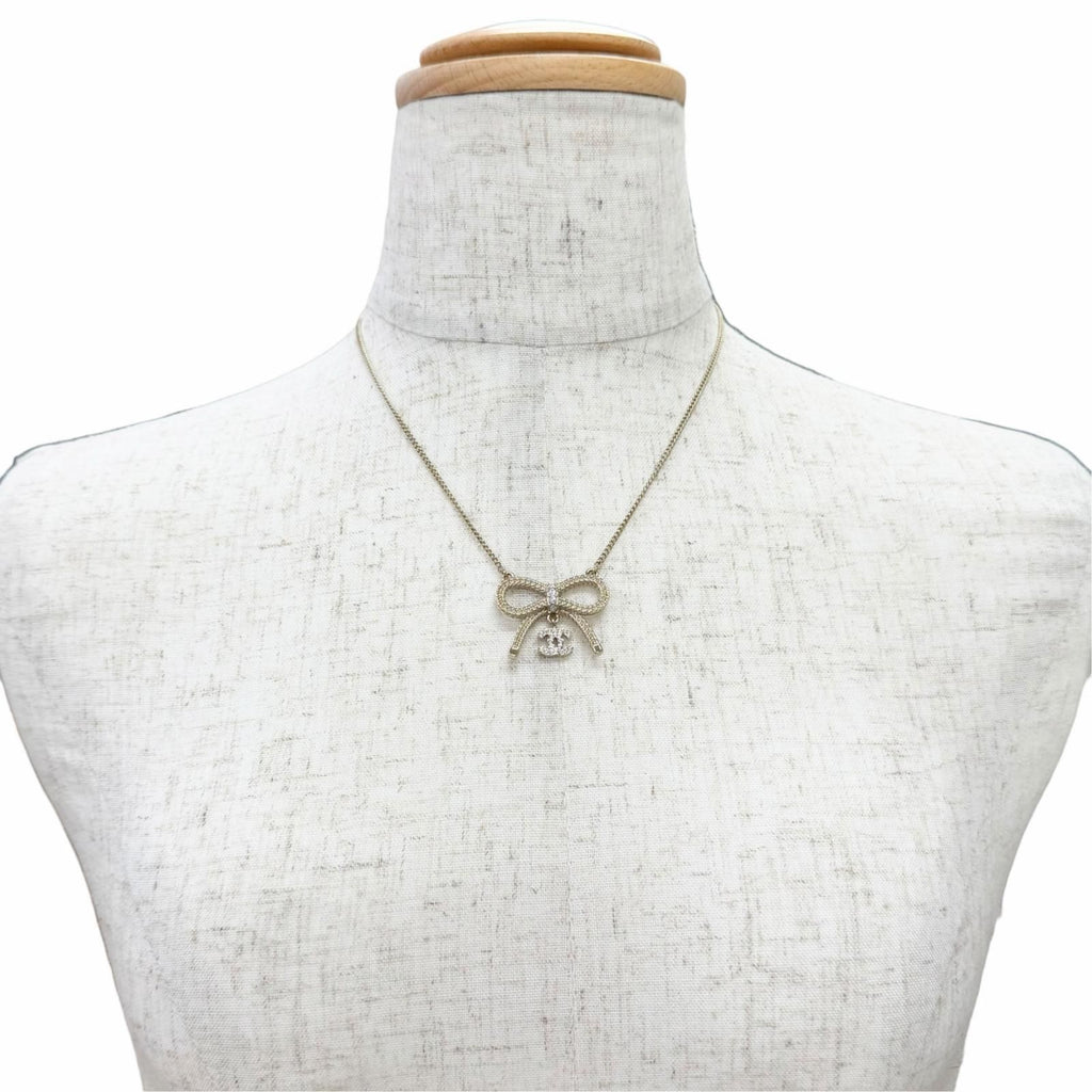 Chanel CC Logo Rhinestone Ribbon Necklace Gold — view 3