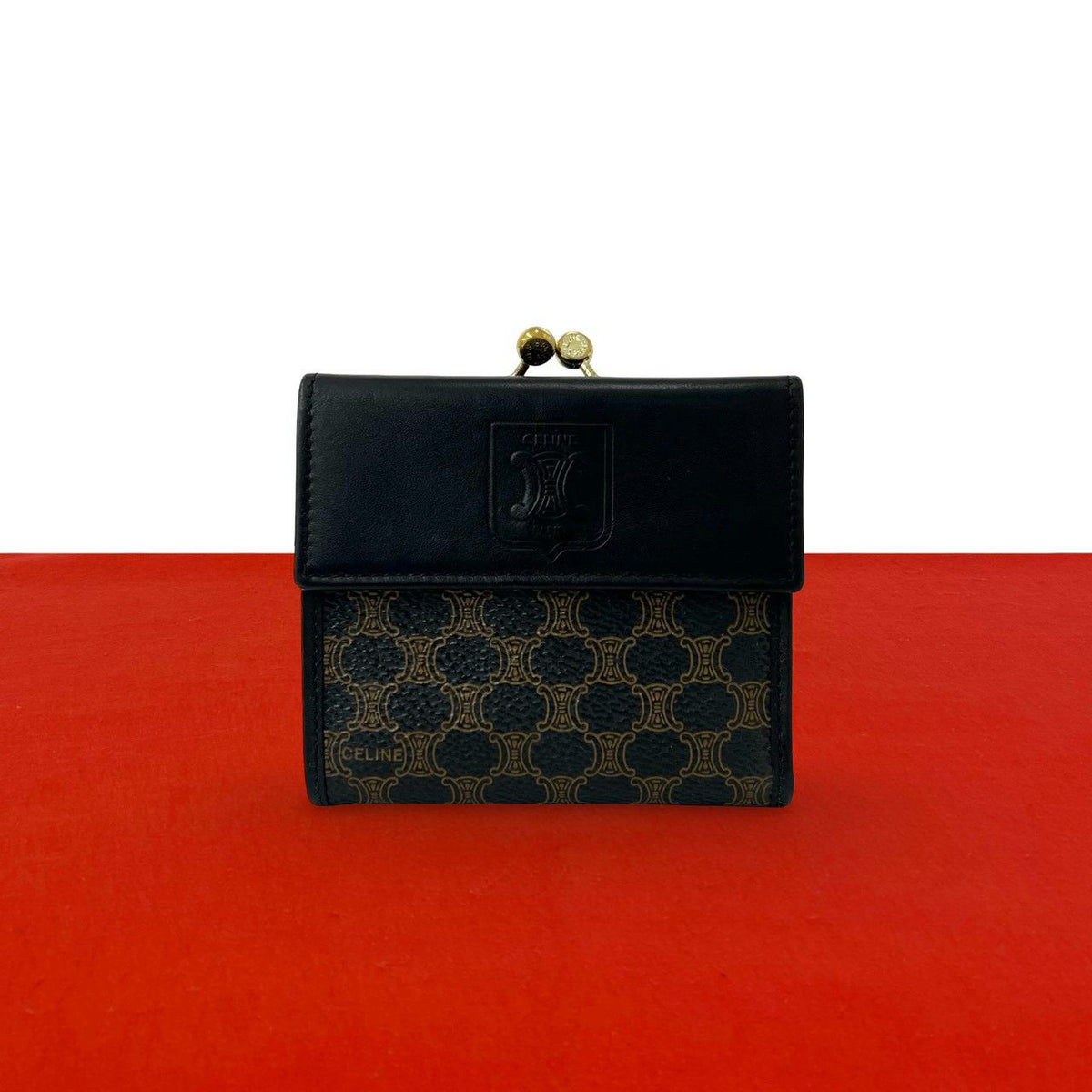 Celine Vintage Macadam Blason Pattern Triomphe Logo Leather Kiss Lock Trifold