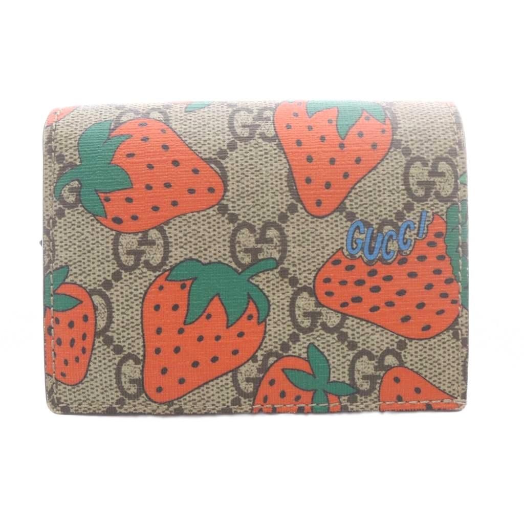 Gucci Bifold Wallet with Coin Purse Strawberry GG Supreme Leather Brown