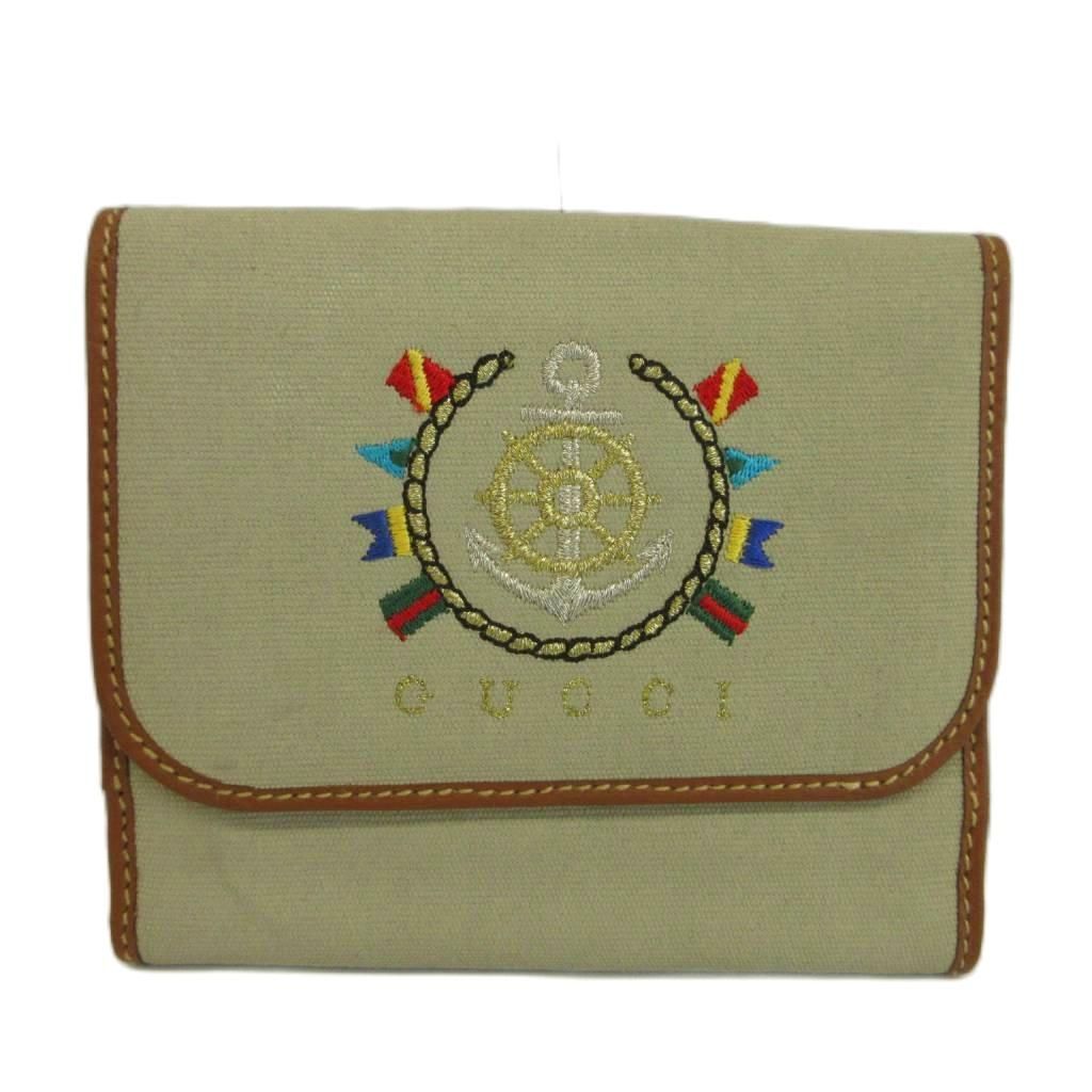 Gucci Vintage Wallet Bifold Canvas Leather Snap Marine Emblem Embroidery Beige