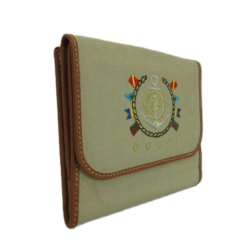 Gucci Vintage Wallet Bifold Canvas Leather Snap Marine Emblem Embroidery Beige — view 5