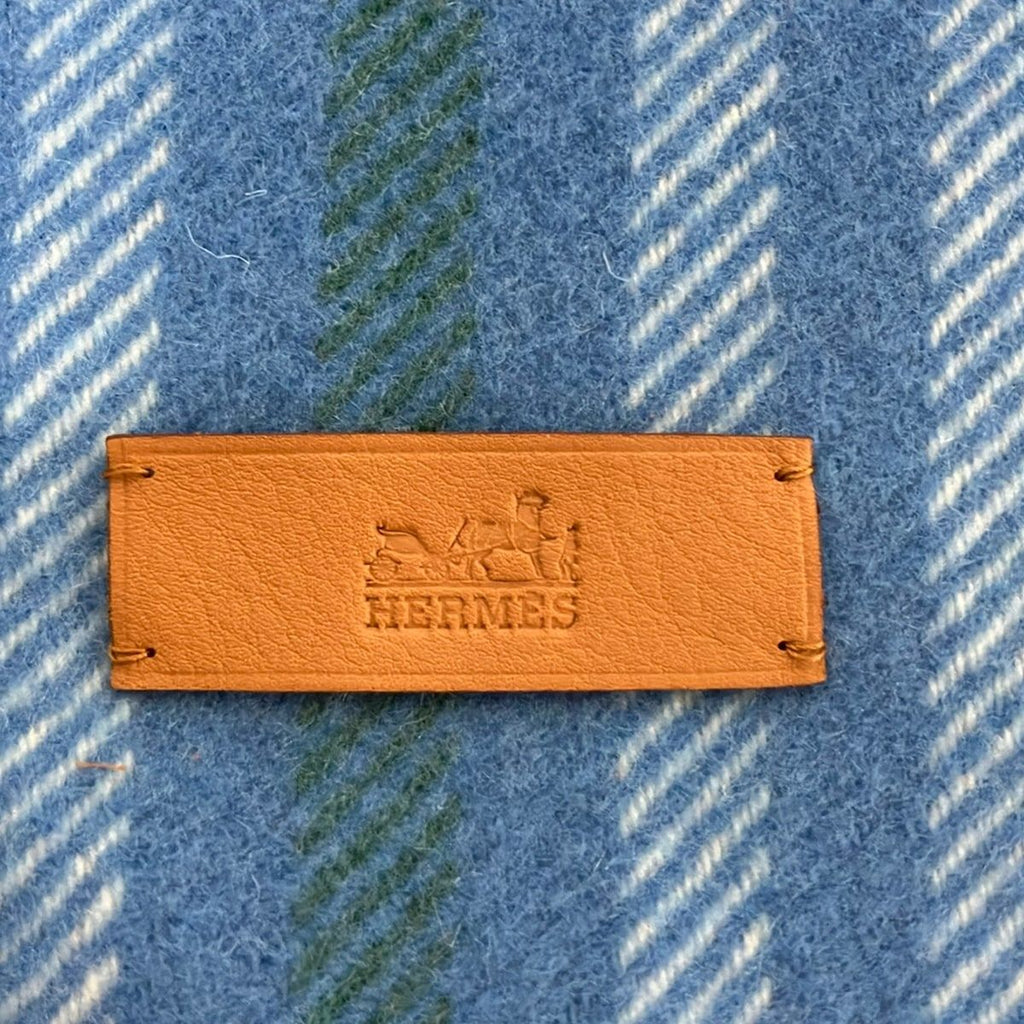 Hermes Scarf Light Blue White Green Plaid Cashmere — view 2