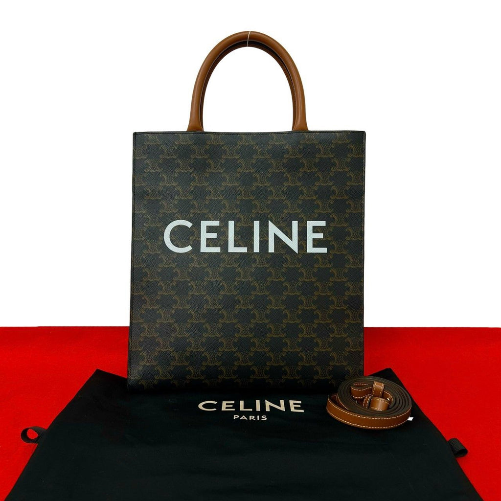 Celine Vertical Cabas Triomphe Leather 2-Way Shoulder Bag Tote Brown