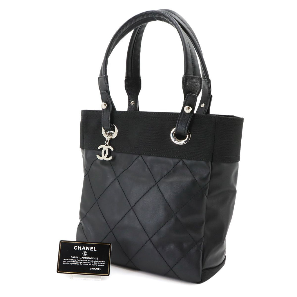 Chanel Paris Biarritz PM Tote Bag Nylon Leather Black Silver — view 2