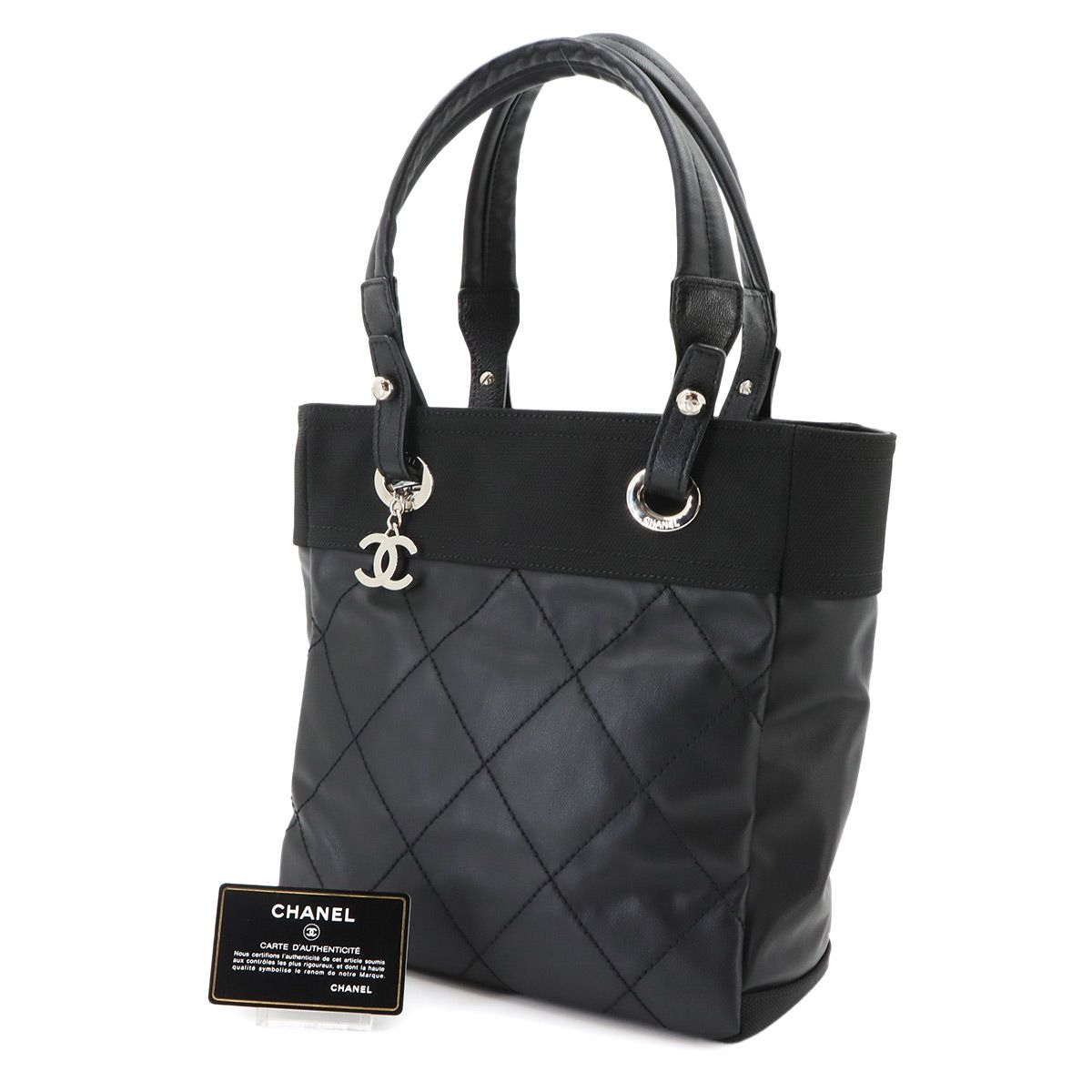 Chanel Paris Biarritz PM Tote Bag Nylon Leather Black Silver — view 2