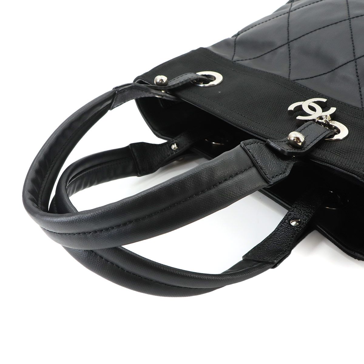 Chanel Paris Biarritz PM Tote Bag Nylon Leather Black Silver — view 6