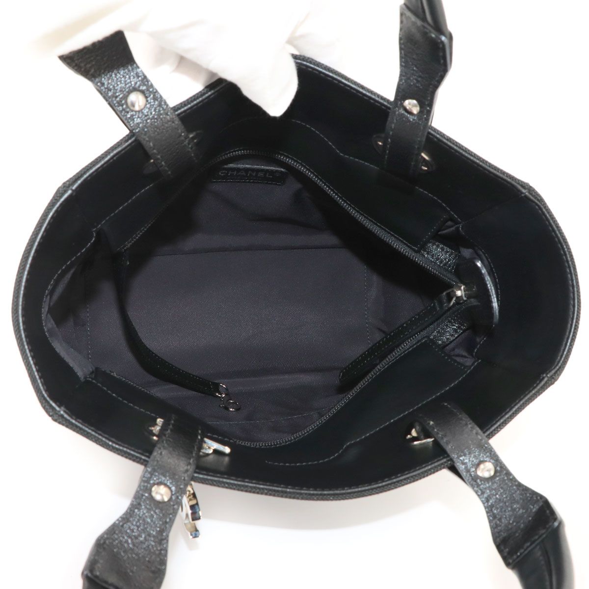 Chanel Paris Biarritz PM Tote Bag Nylon Leather Black Silver — view 7