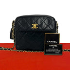 Chanel Vintage Quilted Coco Lambskin Leather Chain Shoulder Bag Black