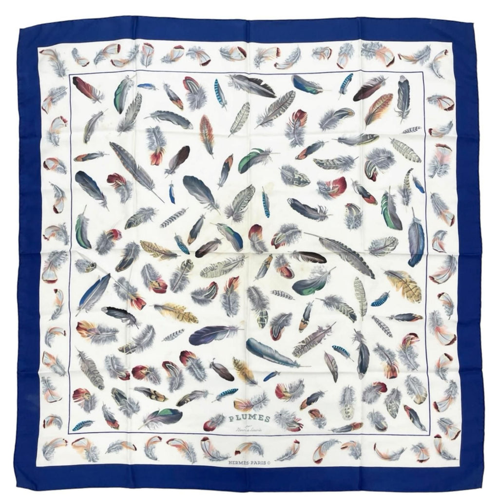 Hermes Carre 90 Plumes Scarf Silk Blue Feather Pattern