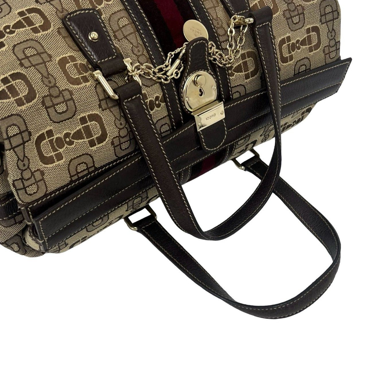 Gucci Sherry Line Horsebit Pattern Canvas Leather Velour Tote Bag Brown with Key — view 4
