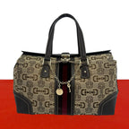 Gucci Sherry Line Horsebit Pattern Canvas Leather Velour Tote Bag Brown with Key