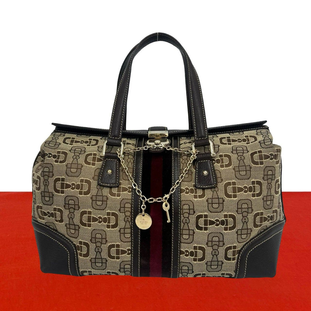 Gucci Sherry Line Horsebit Pattern Canvas Leather Velour Tote Bag Brown with Key