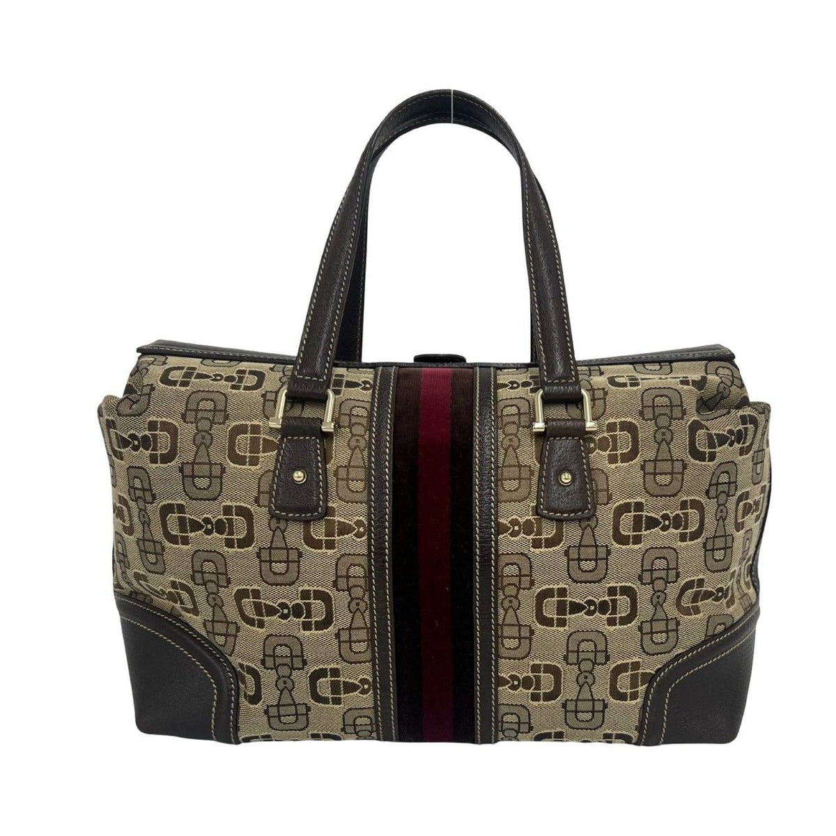 Gucci Sherry Line Horsebit Pattern Canvas Leather Velour Tote Bag Brown with Key — view 3