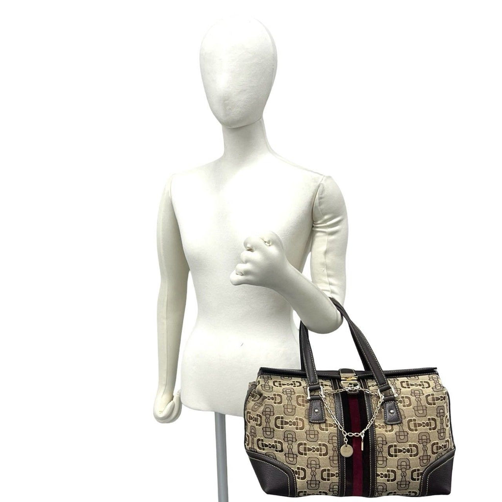 Gucci Sherry Line Horsebit Pattern Canvas Leather Velour Tote Bag Brown with Key — view 2