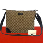 Gucci GG Pattern Logo Canvas Leather Shoulder Bag Cross Brown