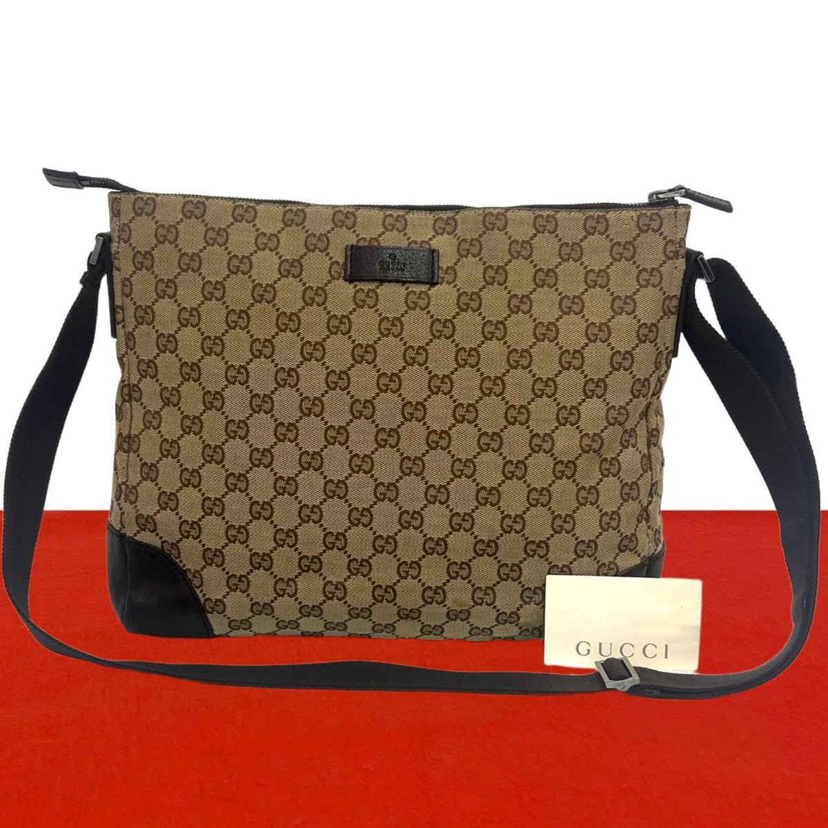 Gucci GG Pattern Logo Canvas Leather Shoulder Bag Cross Brown
