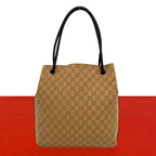 Gucci GG Pattern Logo Canvas Leather Tote Shoulder Bag Beige Brown