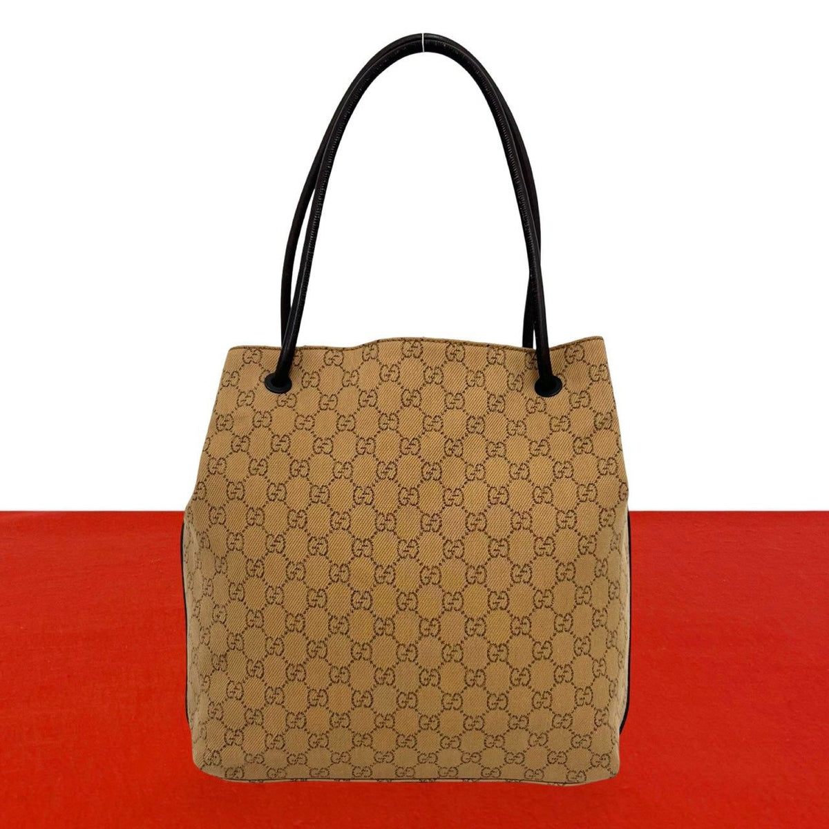 Gucci GG Pattern Logo Canvas Leather Tote Shoulder Bag Beige Brown