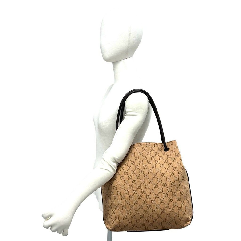 Gucci GG Pattern Logo Canvas Leather Tote Shoulder Bag Beige Brown — view 2