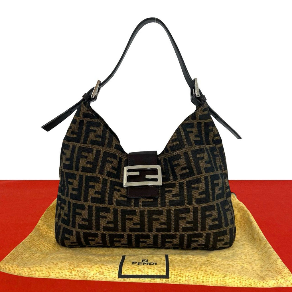 Fendi Zucca FF Pattern Canvas Leather Shoulder Bag Tote Brown