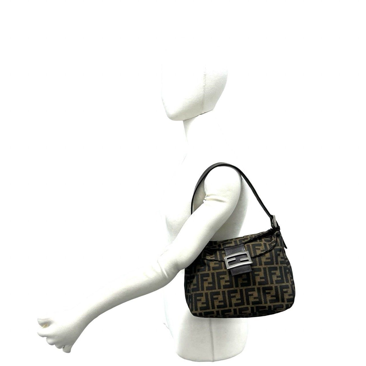 Fendi Zucca FF Pattern Canvas Leather Shoulder Bag Brown Black — view 2