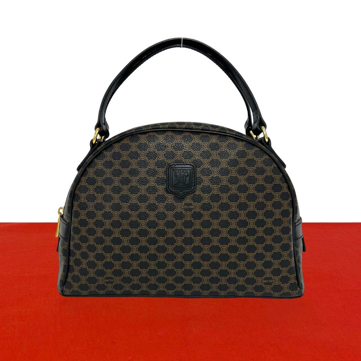 Celine Vintage Macadam Blason Pattern Triomphe Leather Mini Boston Bag Black