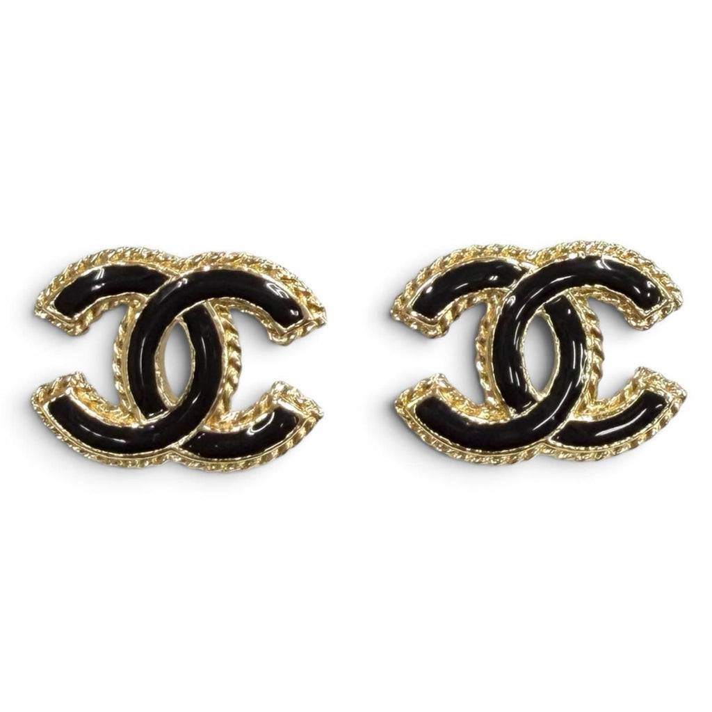 Chanel CC Logo Metal Earrings Gold Black