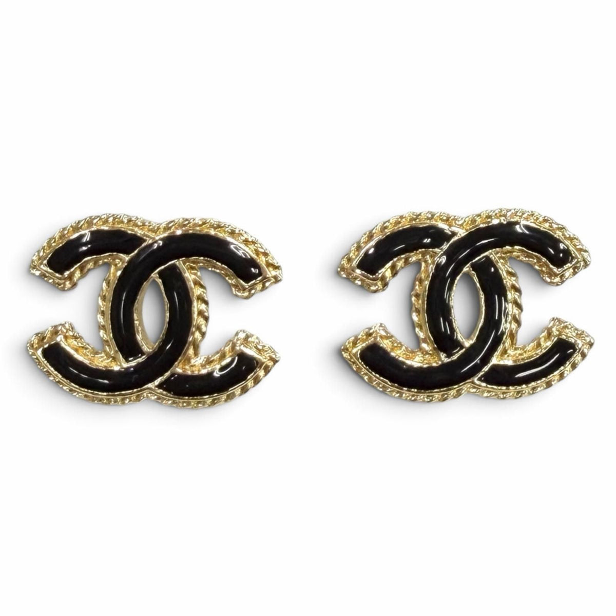Chanel CC Logo Metal Earrings Gold Black