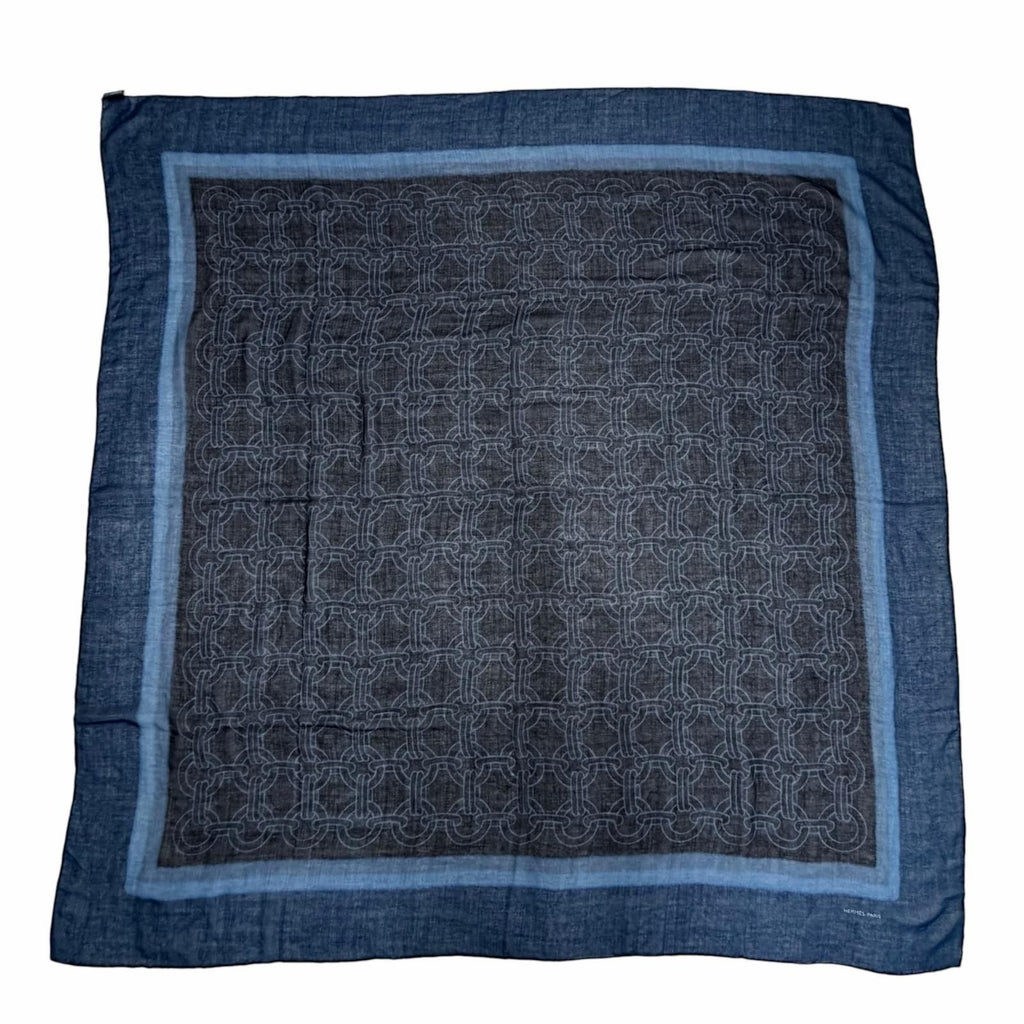 Hermes Carre Geant Cashmere Silk Chain All Over Print Large Shawl Scarf Navy