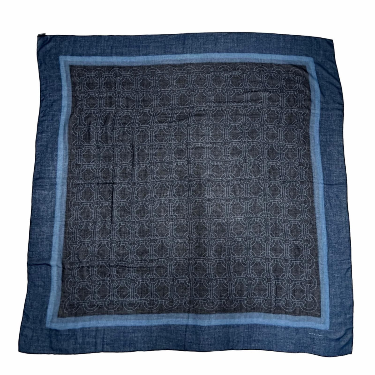 Hermes Carre Geant Cashmere Silk Chain All Over Print Large Shawl Scarf Navy