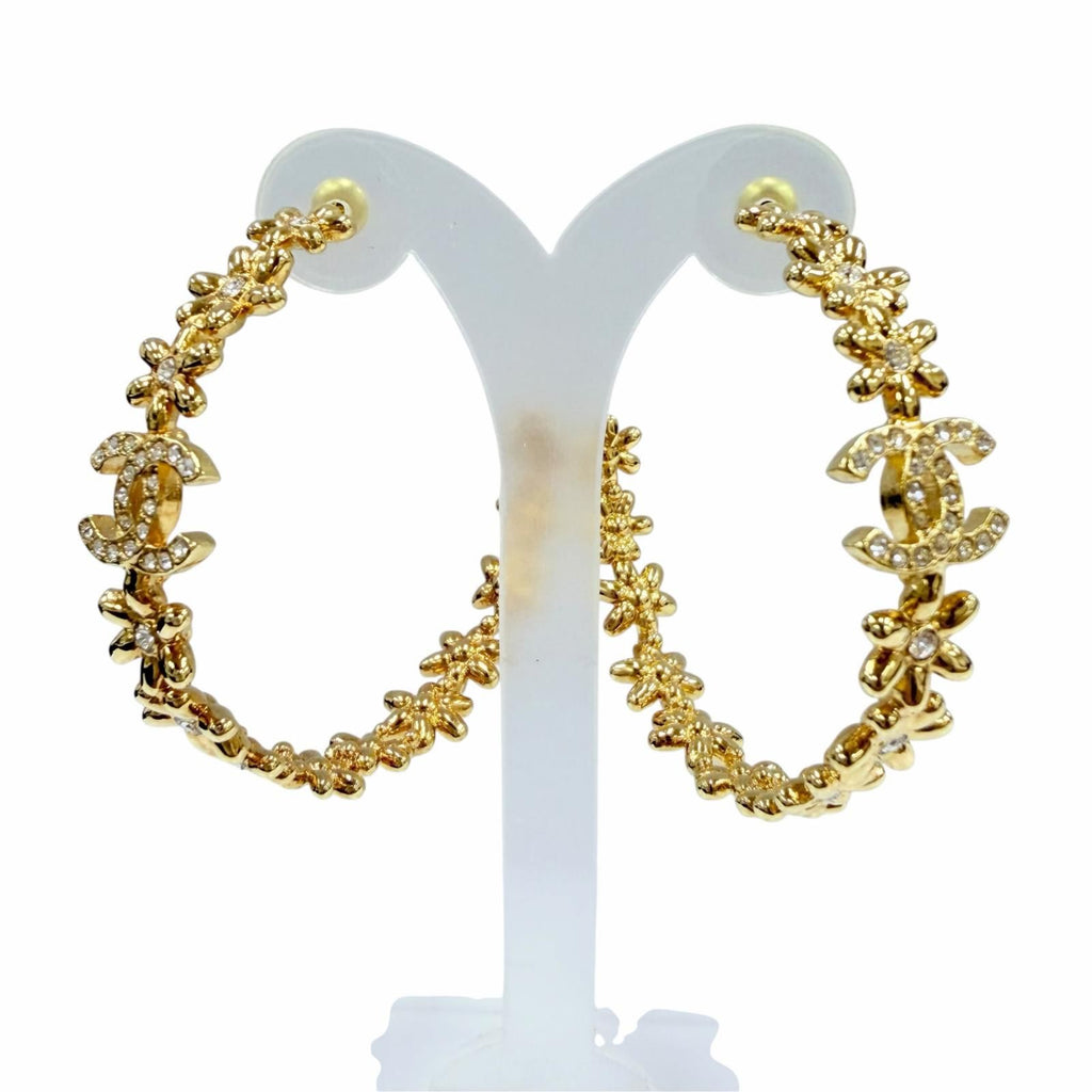 Chanel CC Logo Flower Rhinestone Hoop Earrings Gold