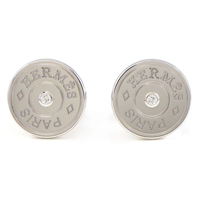 Hermes Earrings Sellier Round Logo Diamond 18k White Gold