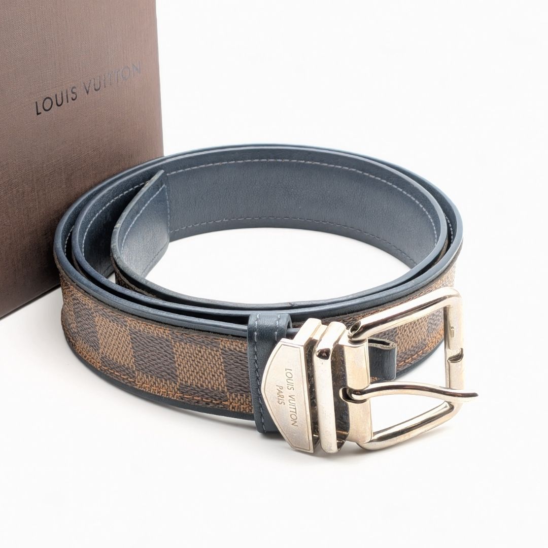 Louis Vuitton Ceinture Sidney Damier Belt Logo Silver Brown Navy