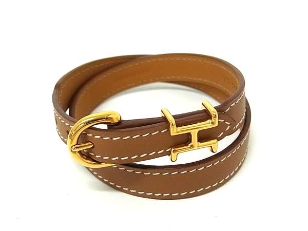 Hermes Trench Leather Gold Bracelet Brown
