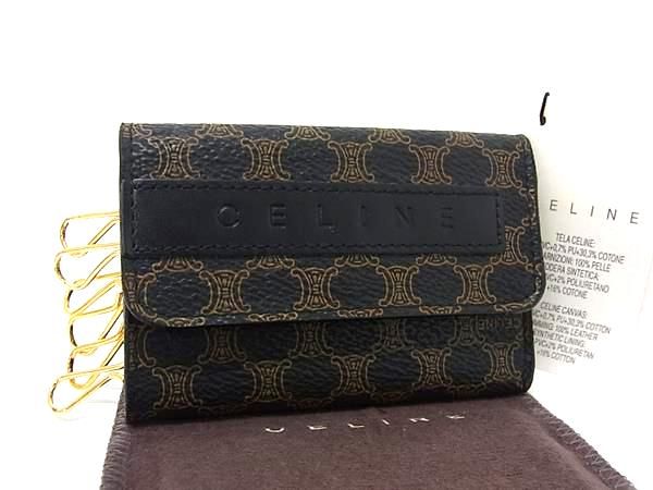 Celine Macadam Pattern Leather Key Case Black Brown Key Holder