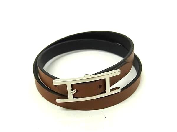 Hermes Behapi Double Tour Leather Reversible Silver Bracelet