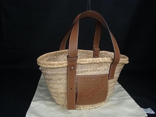 Loewe Anagram Basket Bag Raffia Leather Handbag Beige