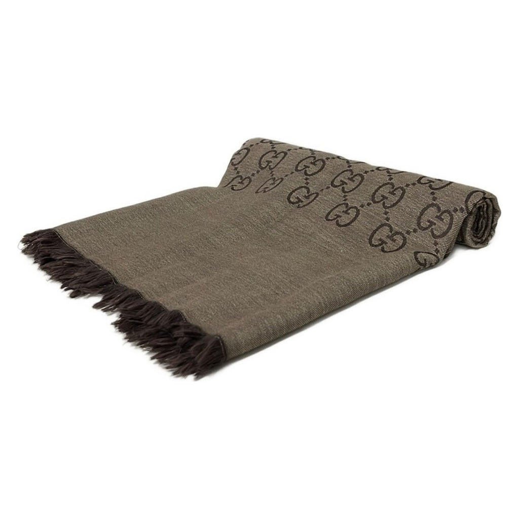 Gucci Shawl Beige Dark Brown GG Pattern Wool Silk Scarf