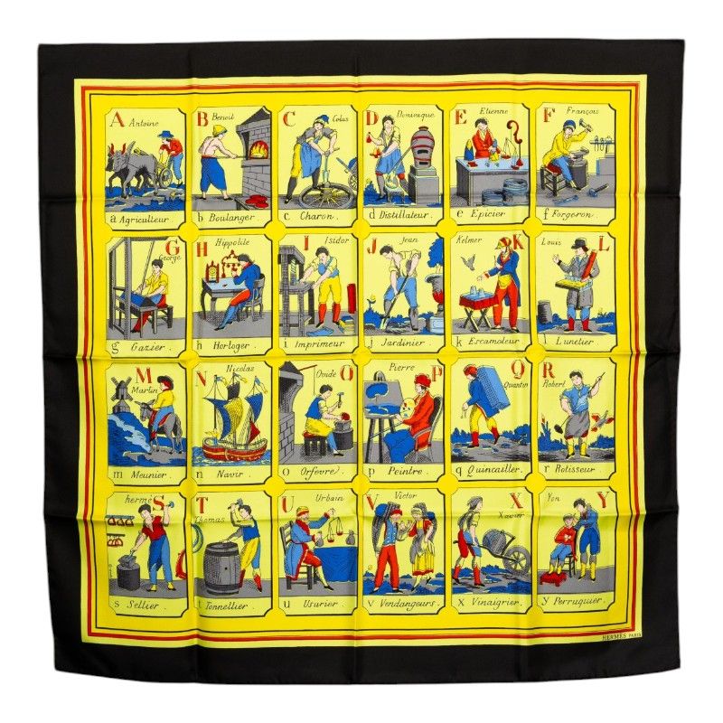Hermes Carre 90 L'alphabet Des Metiers the Abcs of Work Scarf Yellow Black