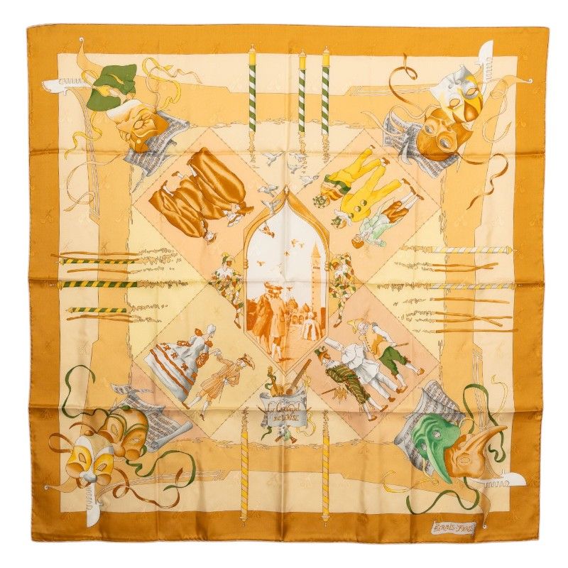 Hermes Carre 90 le Carnaval de Venise Scarf Beige Silk