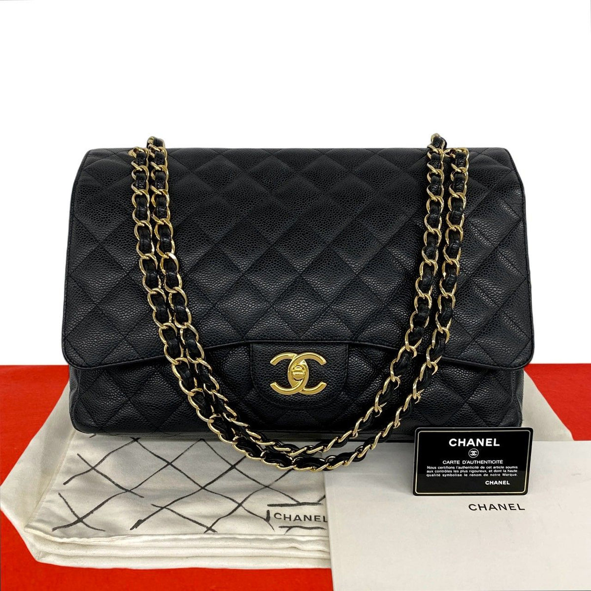 Chanel Quilted CC Logo Caviar Leather 2-Way Shoulder Bag Black