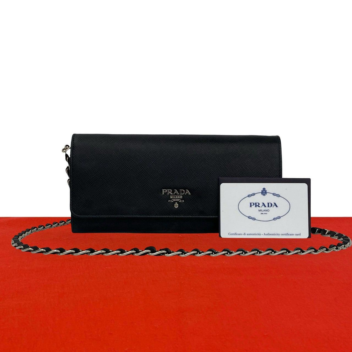 Prada Logo Saffiano Leather Chain Wallet Mini Shoulder Bag Black