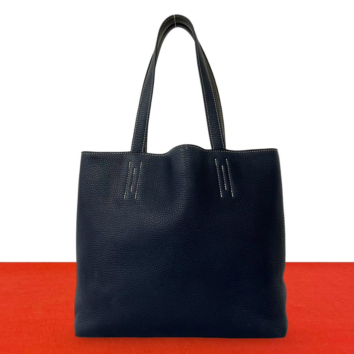 Hermes Double Sens 36 Taurillon Clemence Tote Shoulder Bag Bleu Nuit Etain