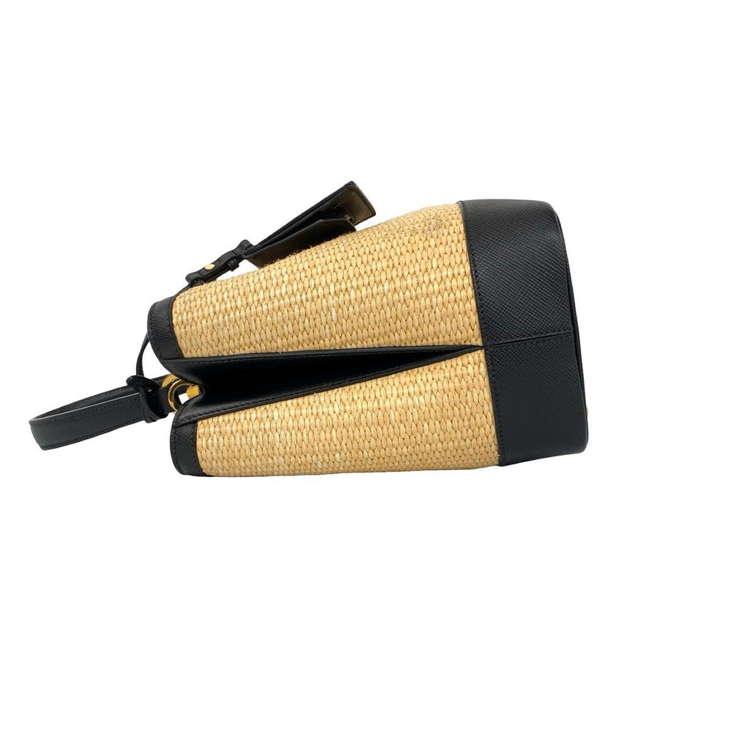 Prada Panier Triangle Logo Raffia Saffiano Leather 2-Way Shoulder Bag Beige — view 5