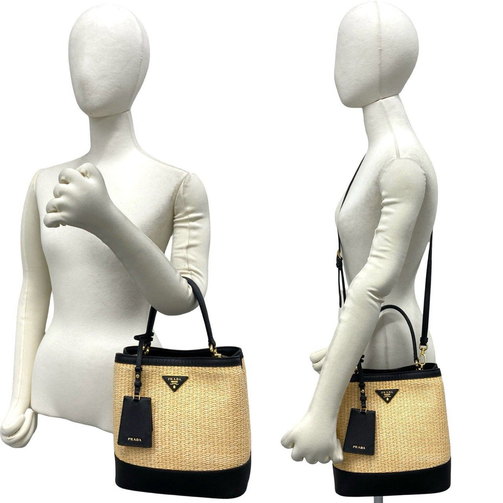 Prada Panier Triangle Logo Raffia Saffiano Leather 2-Way Shoulder Bag Beige — view 2
